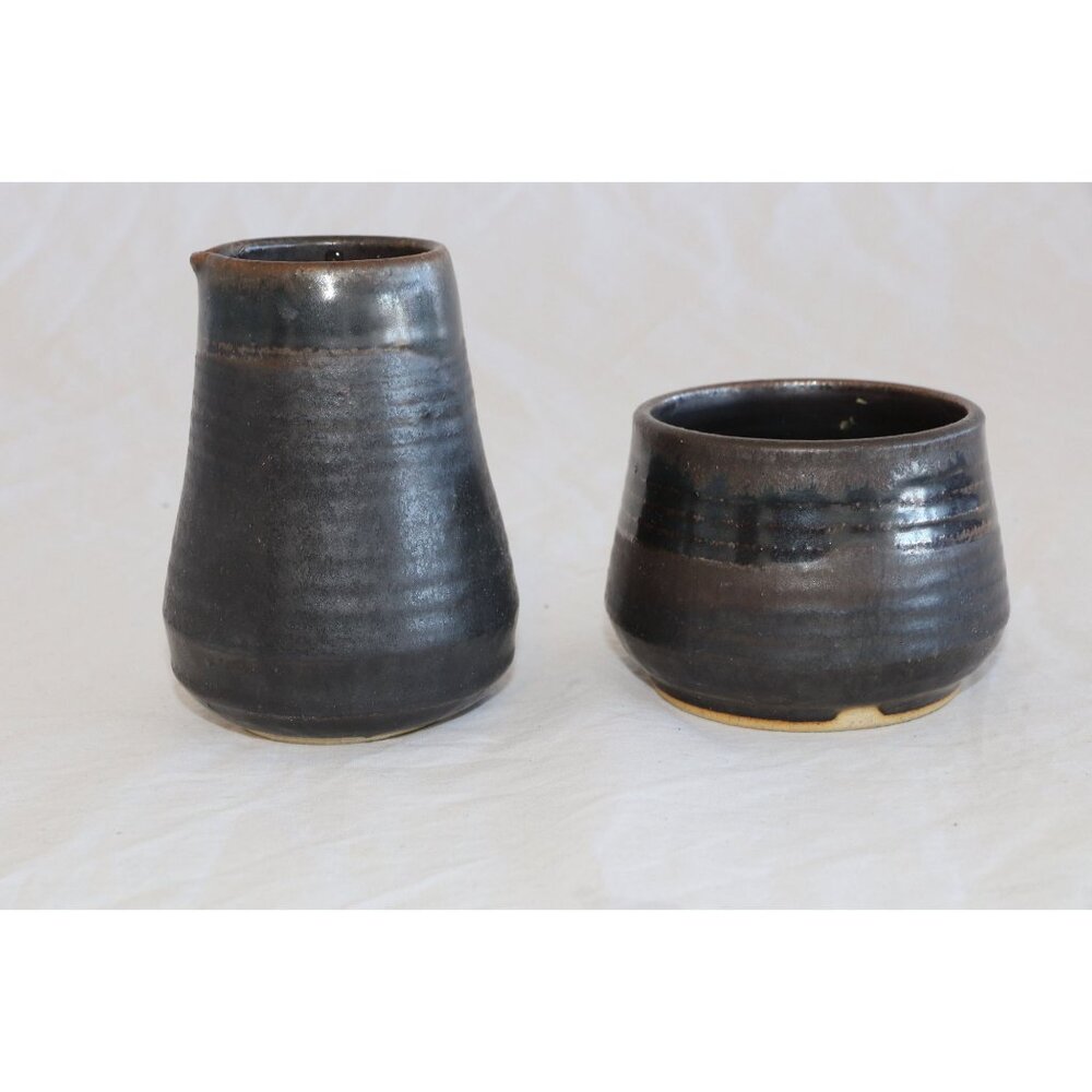 Vintage Handmade Ceramic Black Glazed Creamer & Sugar Unique Design Creamer